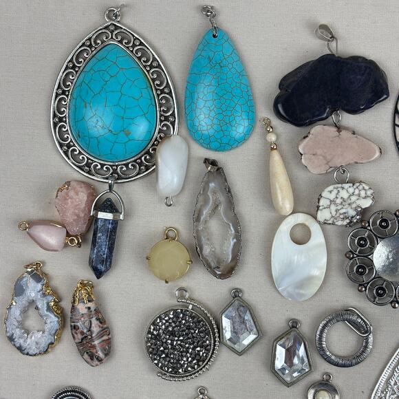 Craft Jewelry Pendants - 75+ Natural Stone Metal Medallion Teardrop Silver Tone - Picture 2 of 12